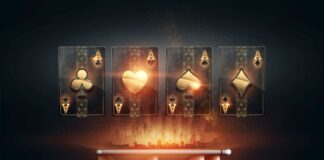 In the hands of a smartphone with playing cards, black-gold background. Concept of online gambling, online casino. Copy space.